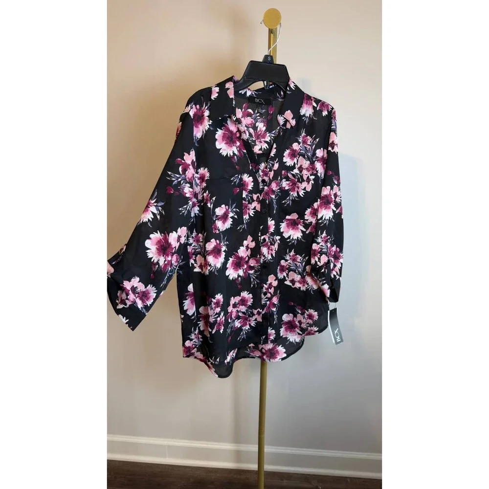 BCX Portofino Woven Top Black Floral Roll‑Tab Sleeves L NWT $79 - Picture 6 of 7